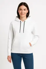 Üç İplik Kapüşonlu Kanguru Çepli SweatShirt Hoodie - Beyaz