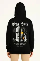 Üç İplik Kapşonlu ön Ve Arka Baskılı SweatShirt Hoodie- Siyah