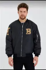 Unisex Uzun Kol Baskılı Bomber Ceket - Siyah