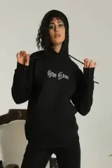 Sırt Baskılı Oversize Üç İplik Kapüşonlu Sweatshirt - Siyah