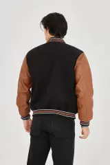 Erkek İçten Elyaf Ve Astarlı Kolları Suni Deri Ceket - Kahverengi