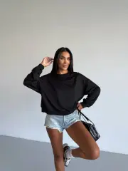 2 iplik bisiklet yaka sweat siyah f2339