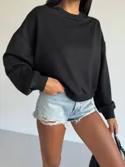 2 iplik bisiklet yaka sweat siyah f2339