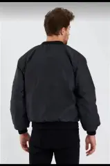Unisex Uzun Kol Baskılı Bomber Ceket - Siyah