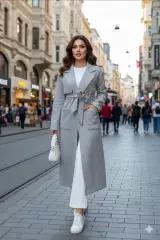 Kadın Diz Altı Cepli Beli Kuşaklı Kaşe Kaban