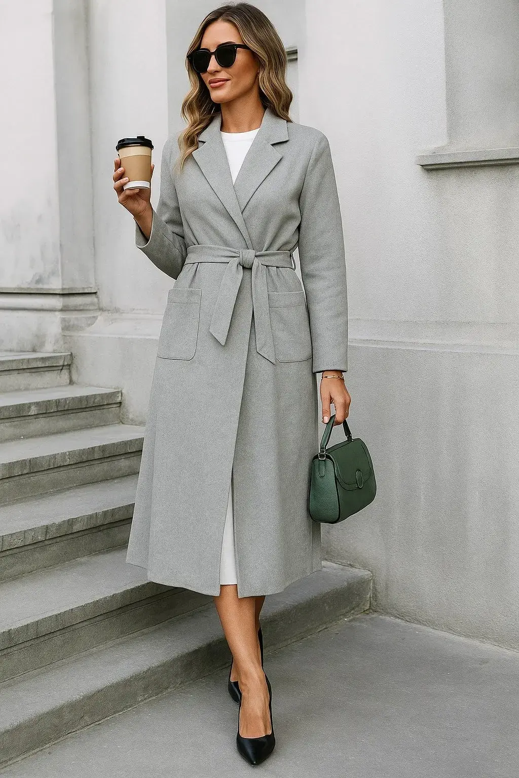 Kadın Diz Altı Cepli Beli Kuşaklı Kaşe Kaban