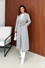 Kadın Diz Altı Cepli Beli Kuşaklı Kaşe Kaban