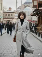 Kadın Diz Altı Cepli Beli Kuşaklı Kaşe Kaban