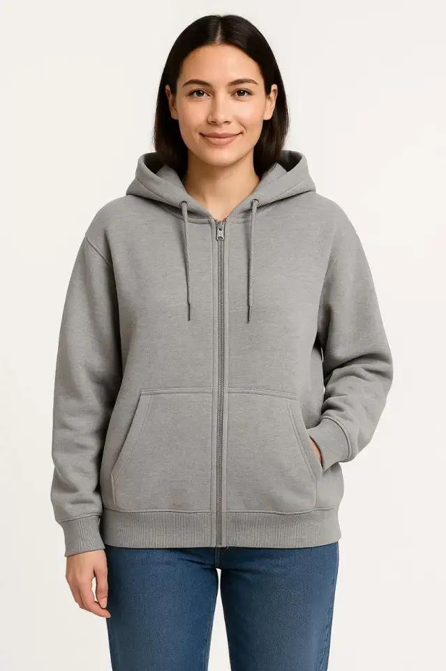 Üç İplik Kapüşonlu Tam Fermuarlı Kanguru Çepli SweatShirt Hoodie - Gri