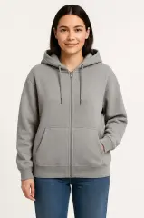 Üç İplik Kapüşonlu Tam Fermuarlı Kanguru Çepli SweatShirt Hoodie - Gri